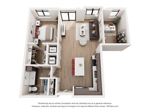 Floor plan for 1 bed, 1 bath, 939 sqft